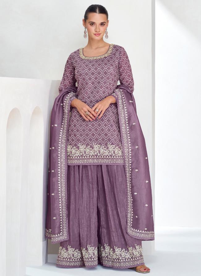 Chinnon Silk Lilac Wedding Wear Embroidery Work Readymade Plazzo Suit